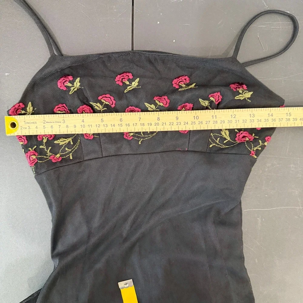 Vintage Monster Girl Medium Maxi Dress Black Rose Floral Mesh Overlay 90s Goth